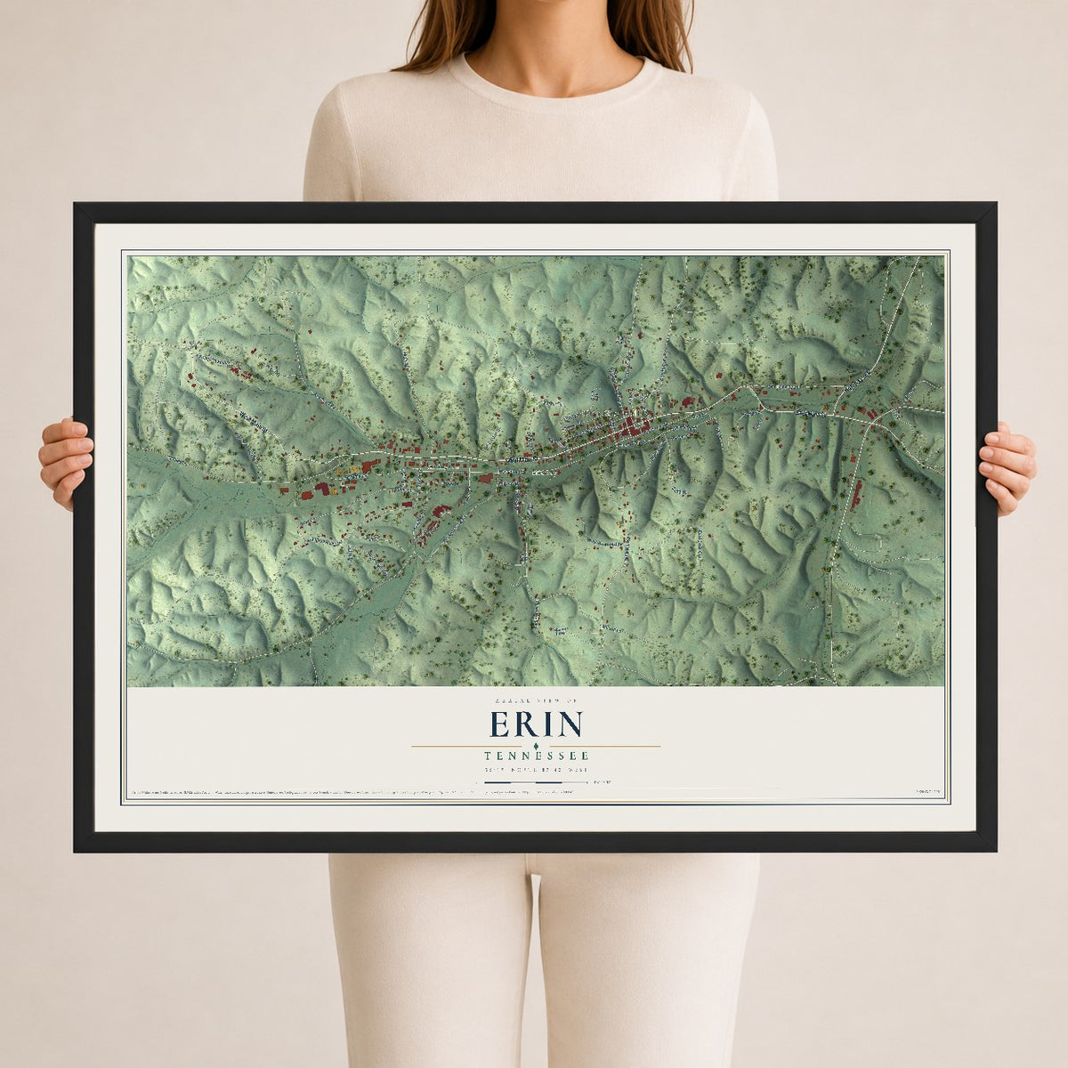 Map of Erin, Tennessee, 24 x 36 inch print in a black wood frame