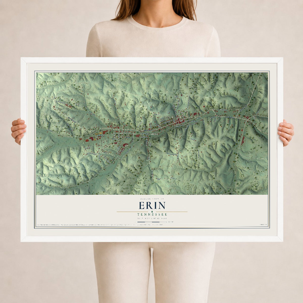 Map of Erin, Tennessee, 24 x 36 inch print in a white wood frame