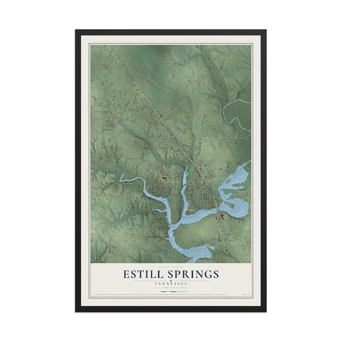 Map of Estill Springs, Tennessee, 12 x 18 inch print in a black wood frame