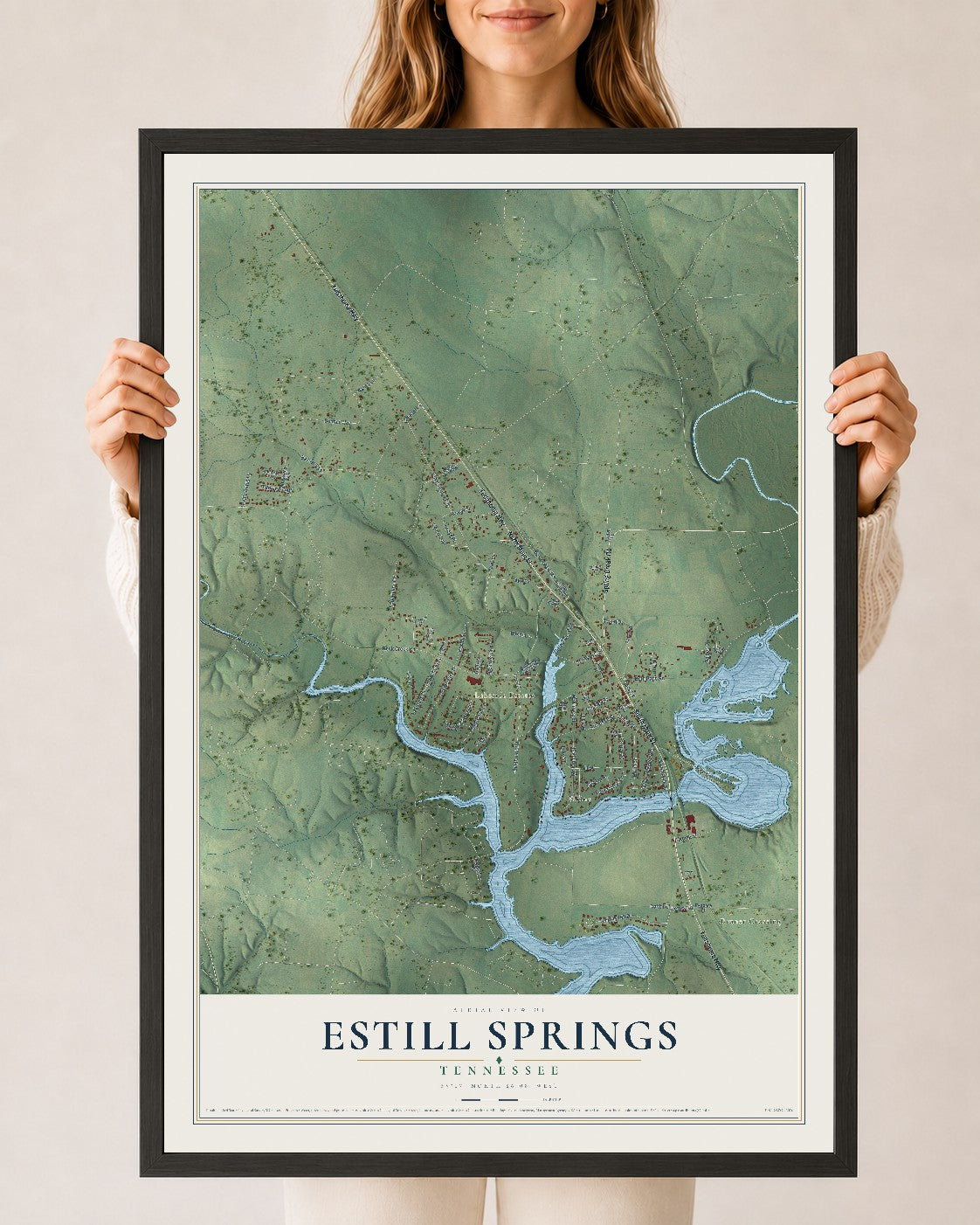 Map of Estill Springs, Tennessee, 24 x 36 inch print in a black wood frame