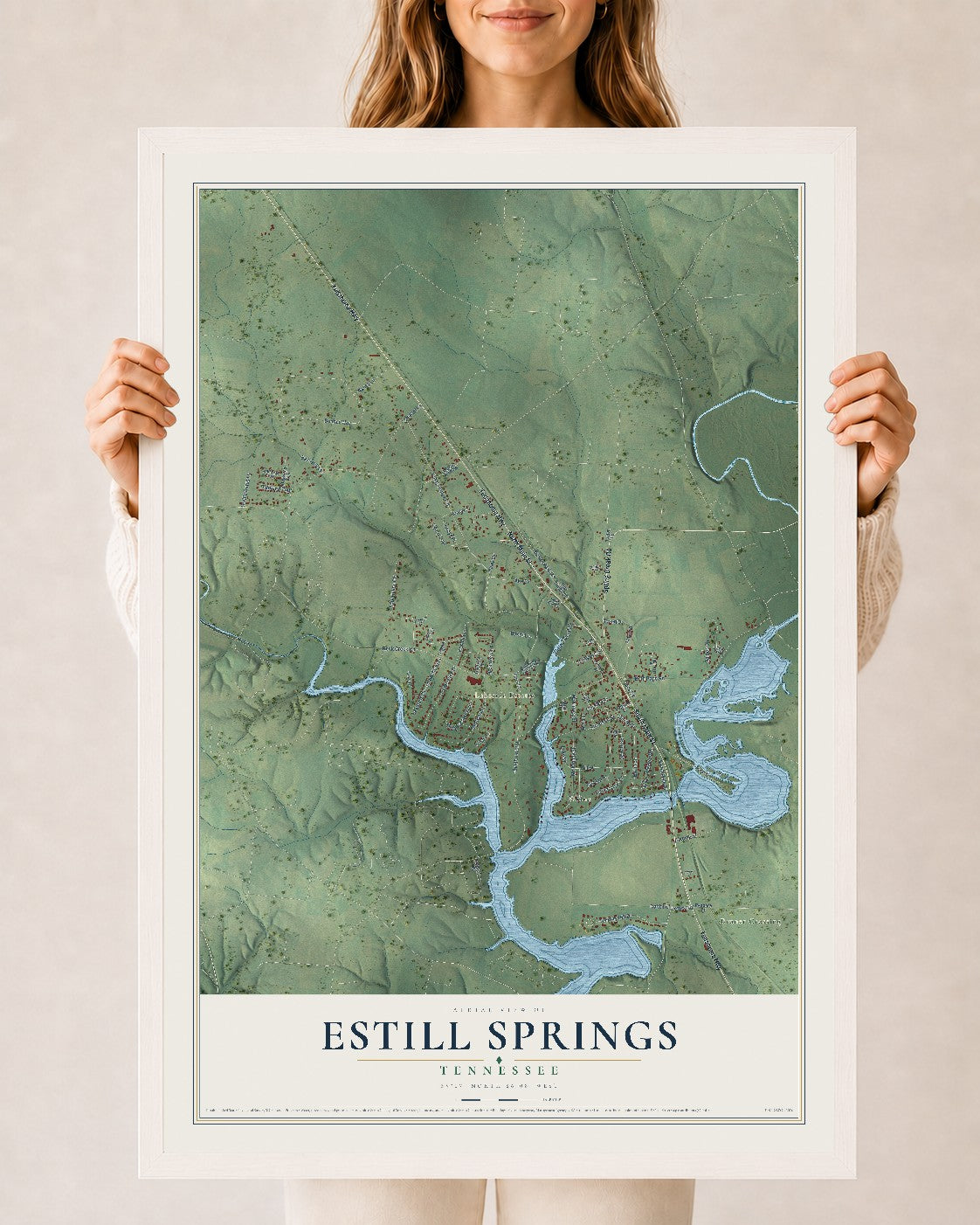 Map of Estill Springs, Tennessee, 24 x 36 inch print in a white wood frame