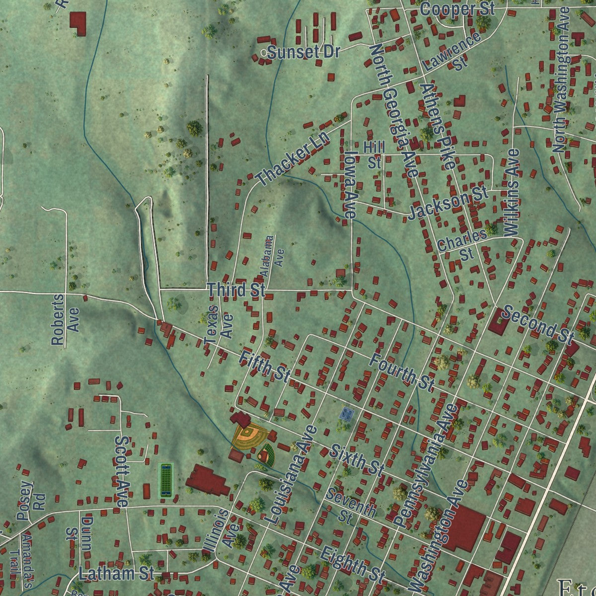 Close-up of the map of Etowah, Tennessee print showing street and building detail