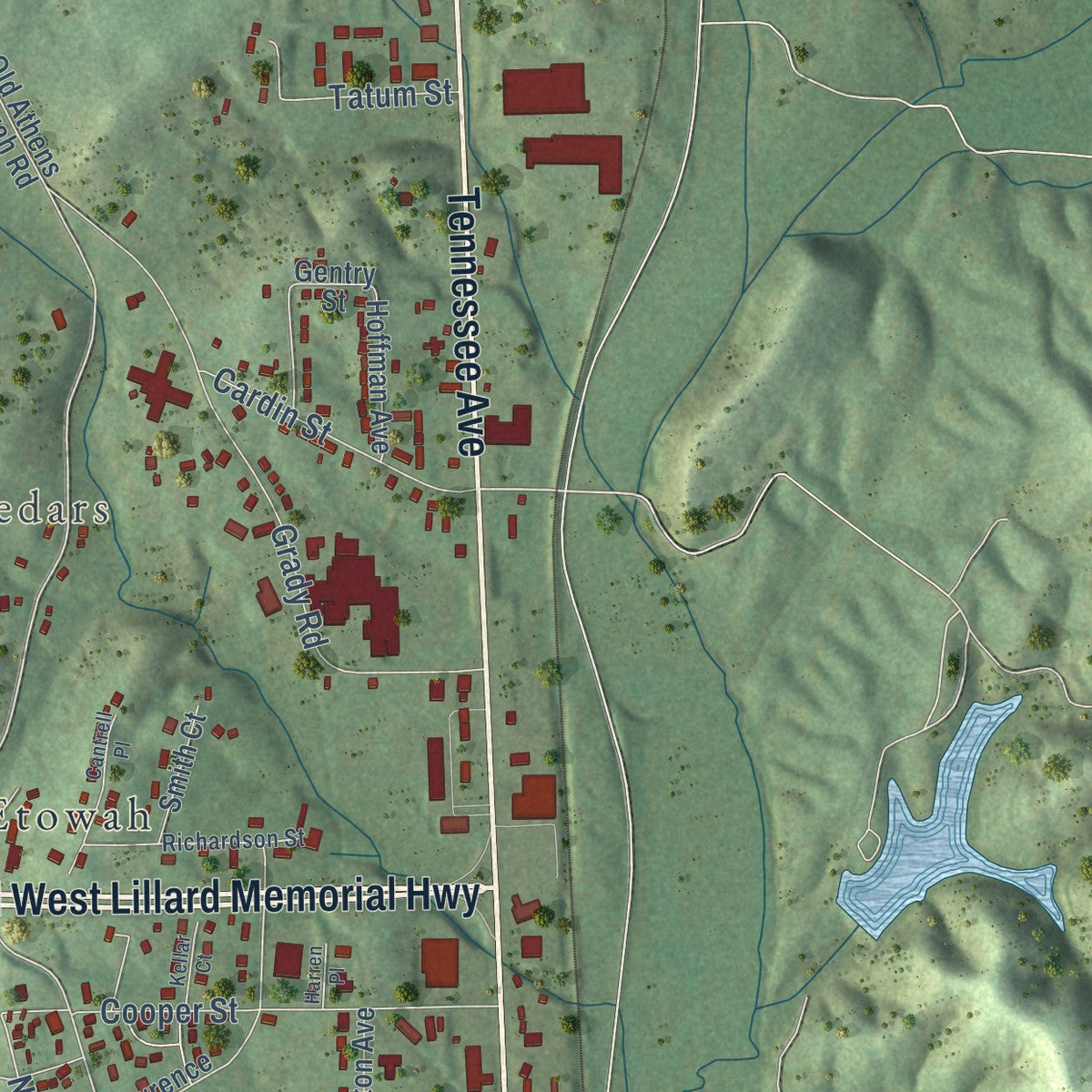 Second close-up of the map of Etowah, Tennessee print showing more streets and buildings