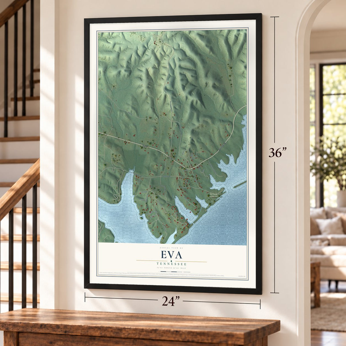 Eva, Tennessee map, 24 x 36 inch print in a black frame by a staircase