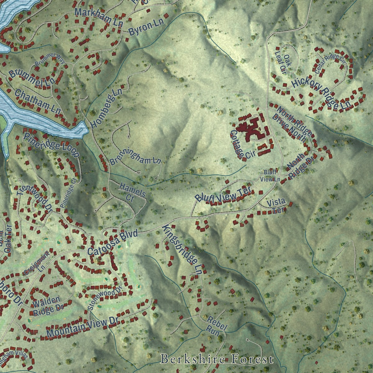 Second close-up of the map of Fairfield Glade, Tennessee print showing more streets and buildings