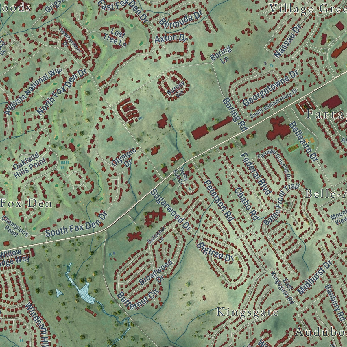 Close-up of the map of Farragut, Tennessee print showing street and building detail