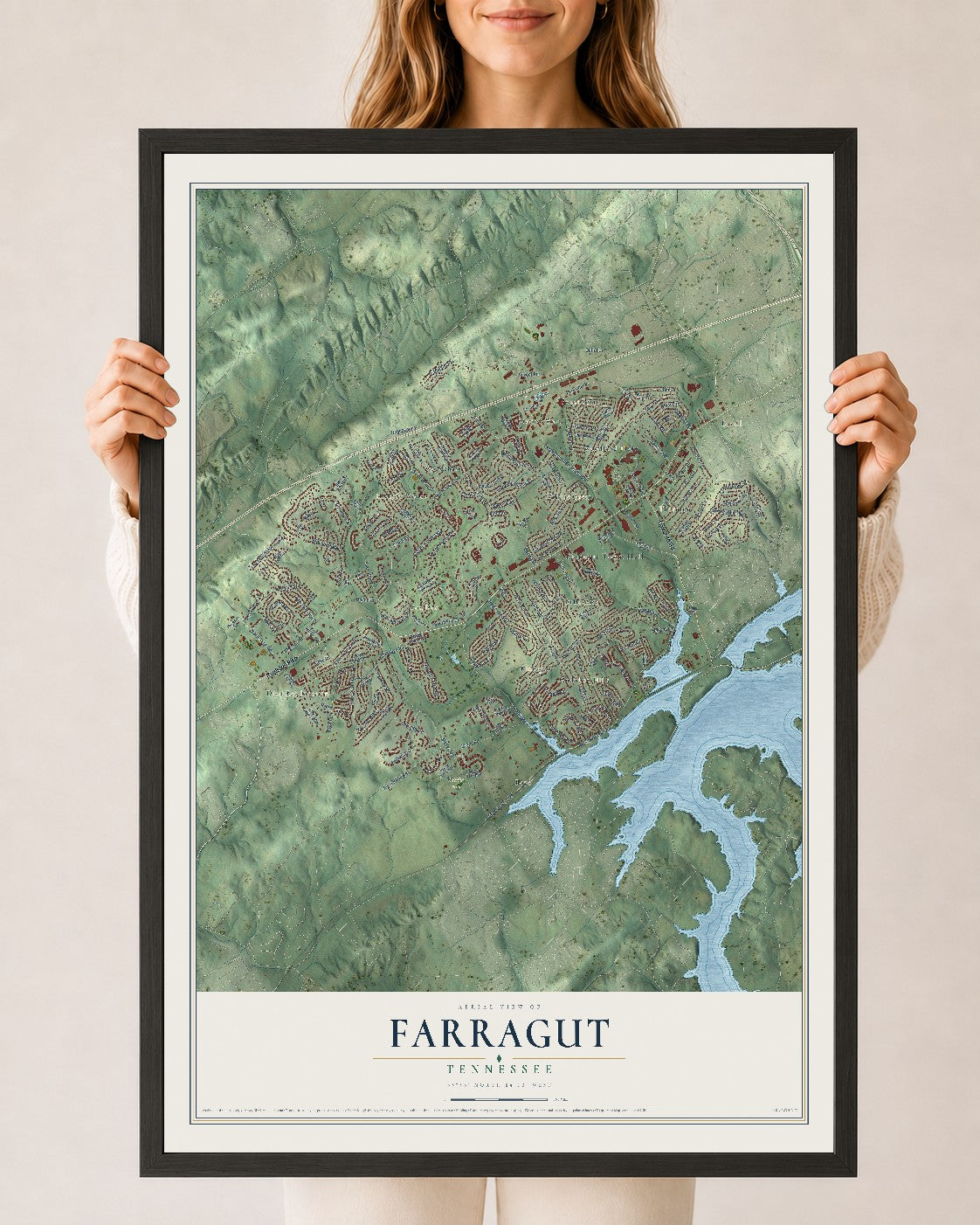 Map of Farragut, Tennessee, 24 x 36 inch print in a black wood frame