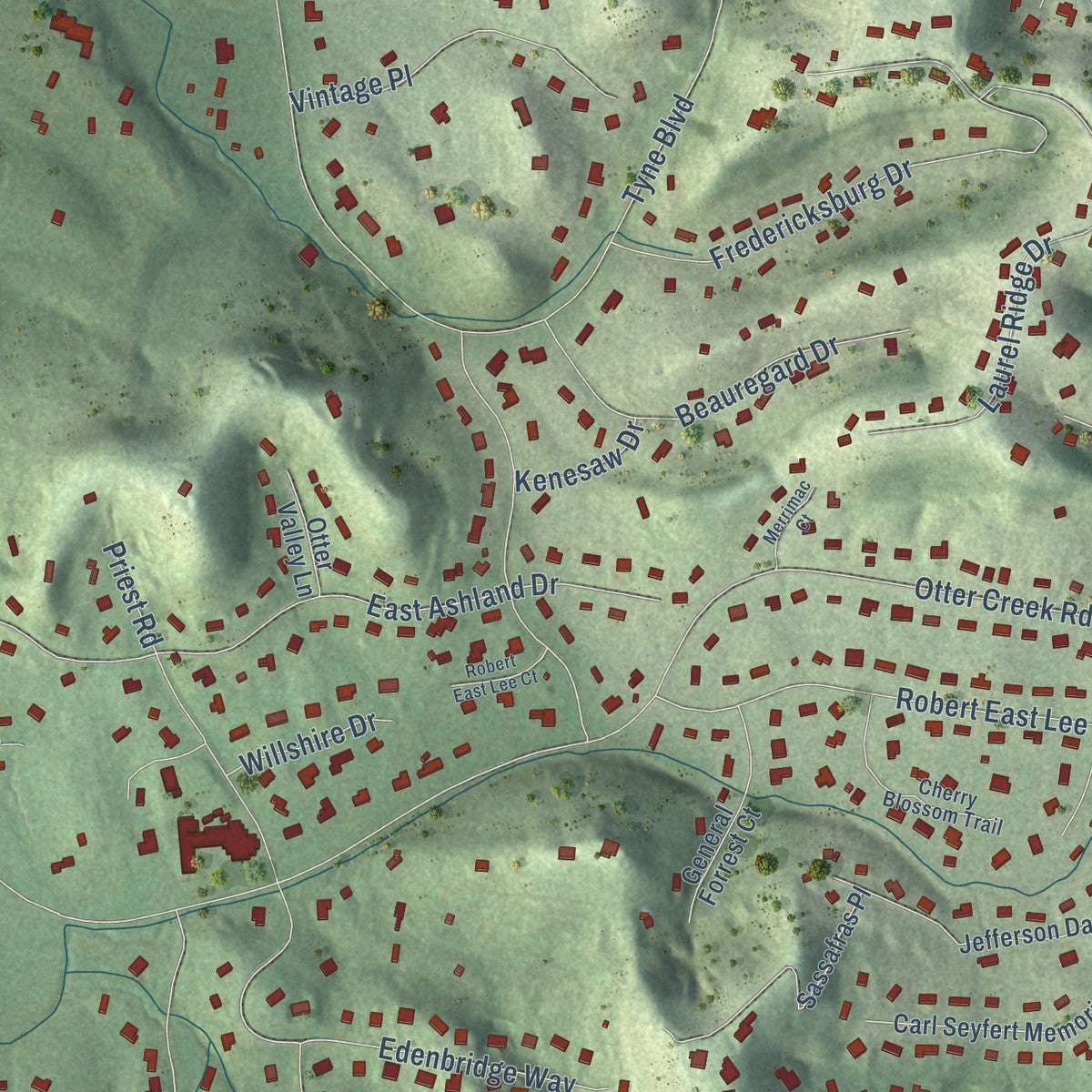 Close-up of the map of Forest Hills, Tennessee print showing street and building detail