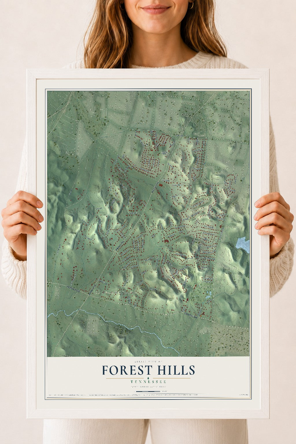 Map of Forest Hills, Tennessee, 18 x 24 inch print in a white wood frame