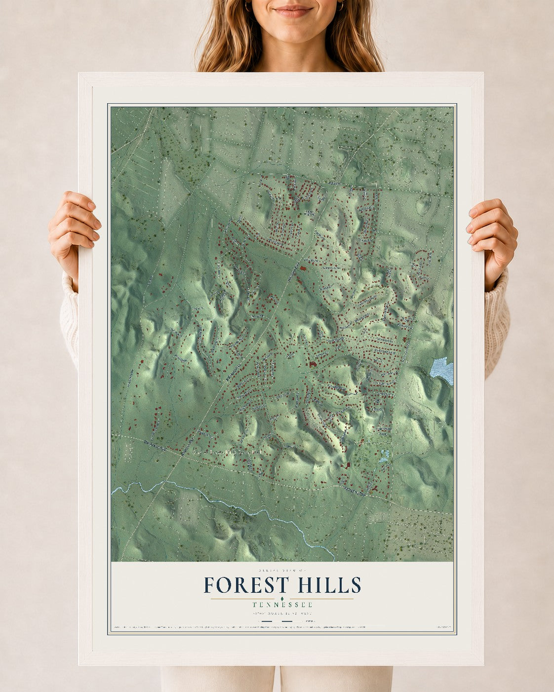 Map of Forest Hills, Tennessee, 24 x 36 inch print in a white wood frame