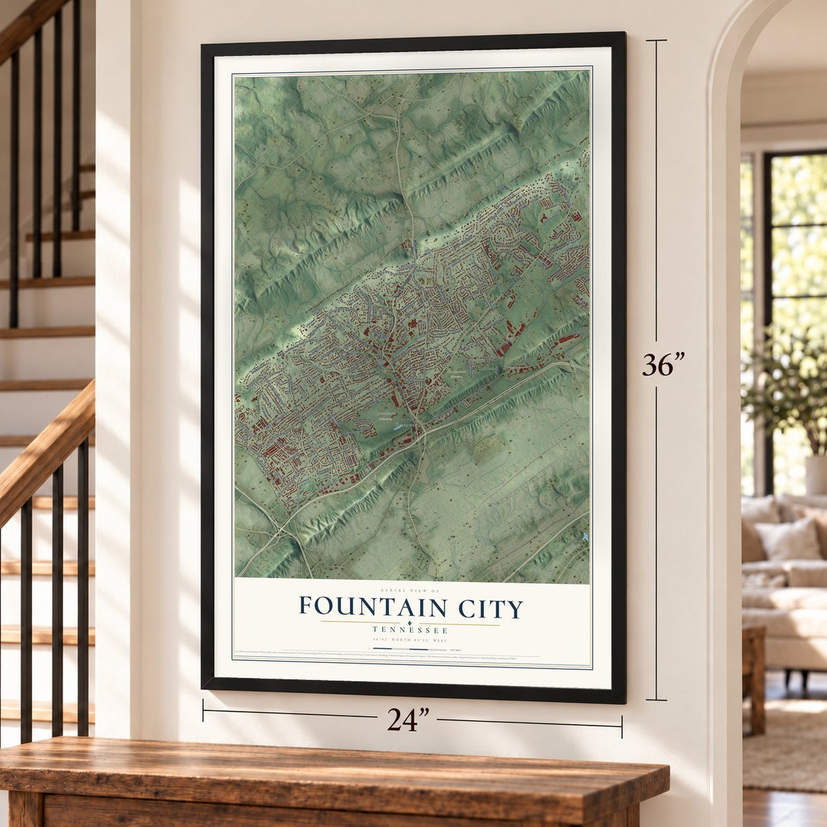 Fountain City, Tennessee map, 24 x 36 inch print in a black frame by a staircase