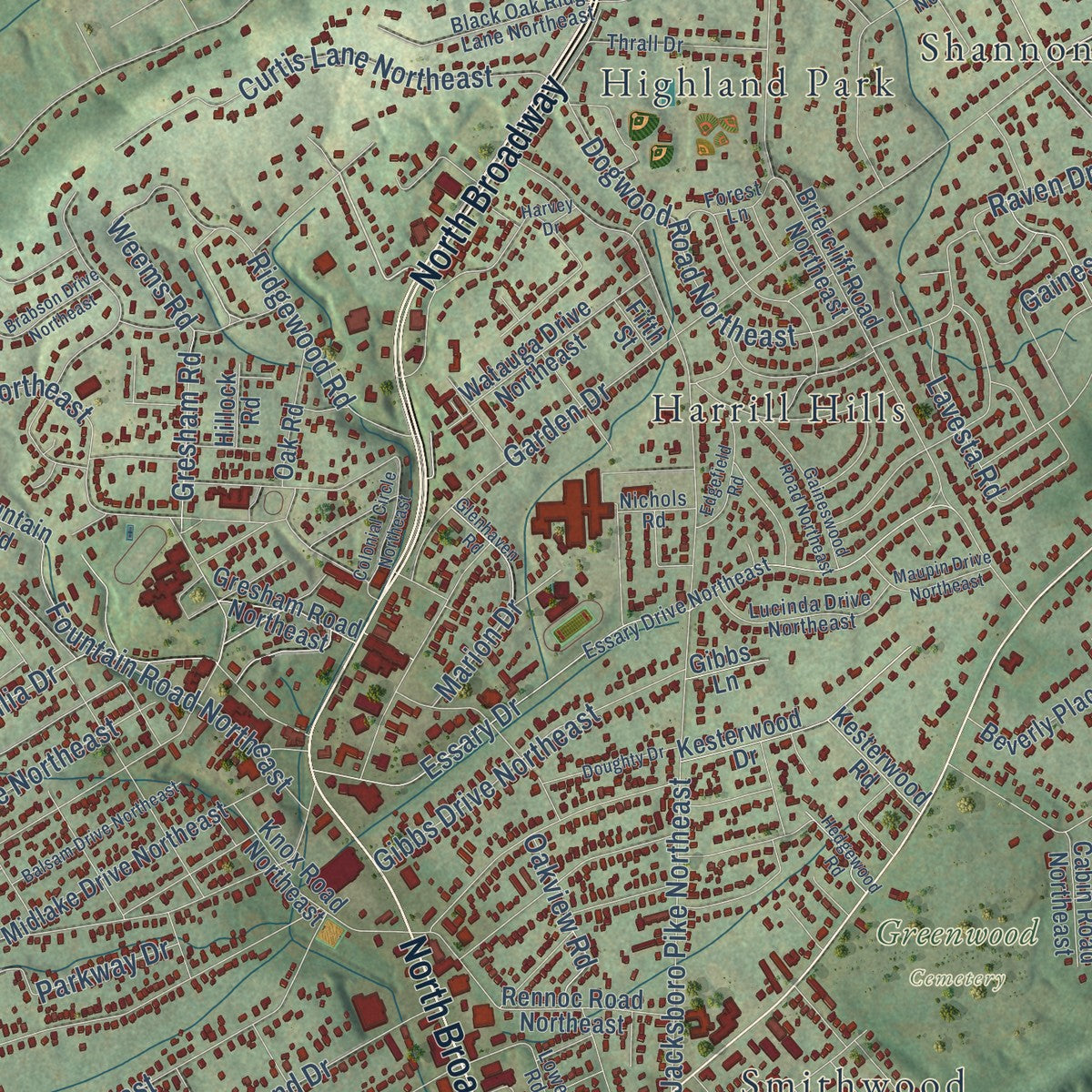 Close-up of the map of Fountain City, Tennessee print showing street and building detail