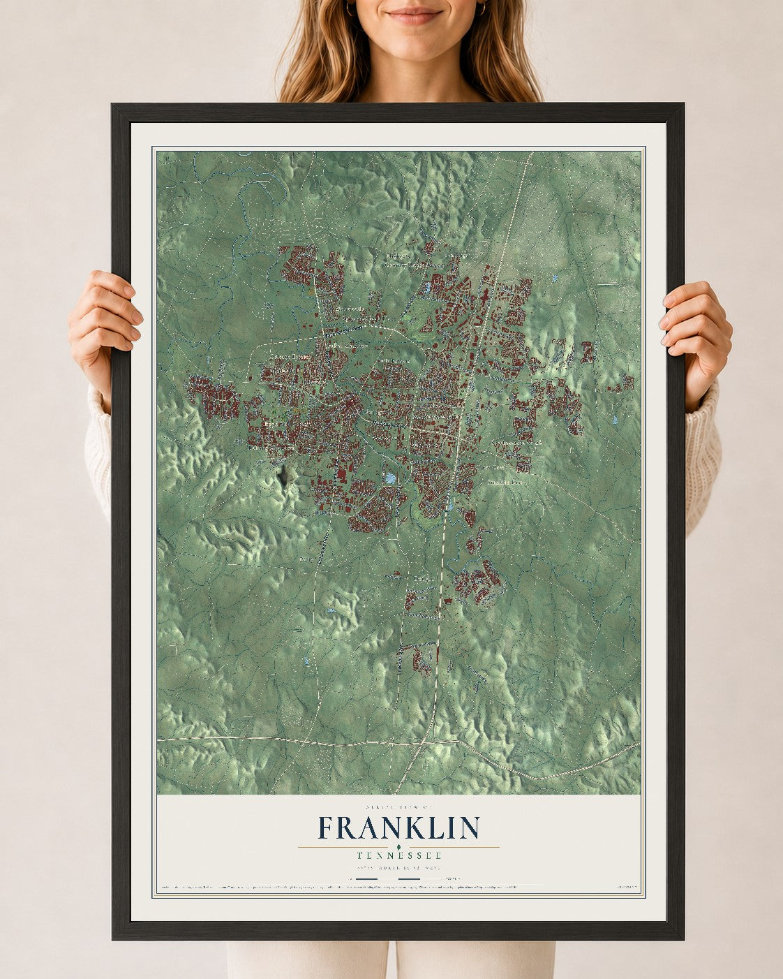 Map of Franklin, Tennessee, 24 x 36 inch print in a black wood frame