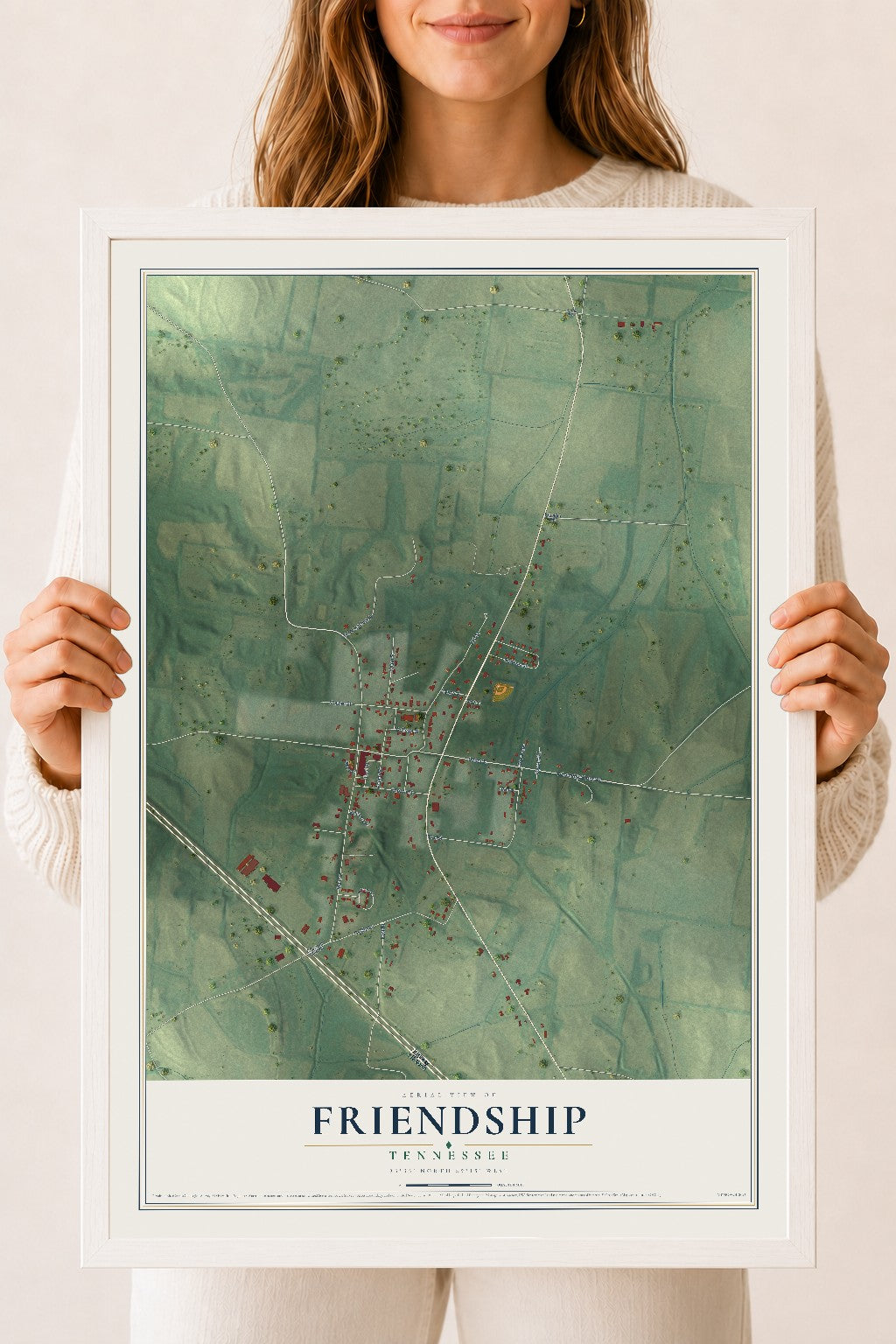 Map of Friendship, Tennessee, 18 x 24 inch print in a white wood frame