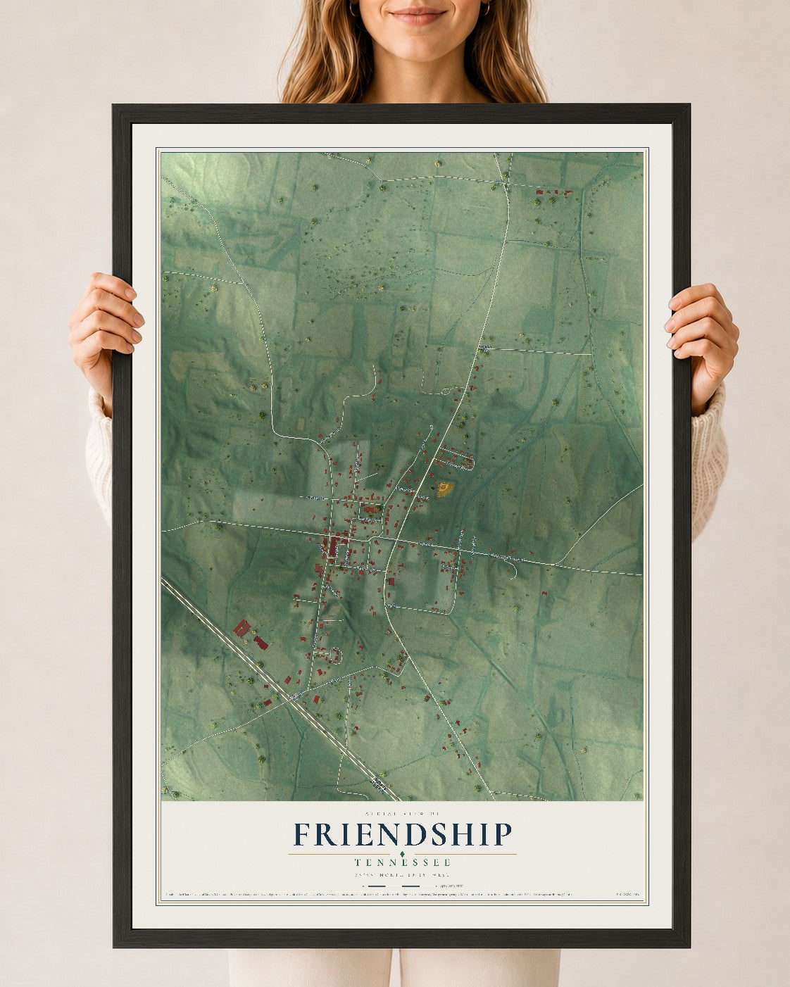 Map of Friendship, Tennessee, 24 x 36 inch print in a black wood frame