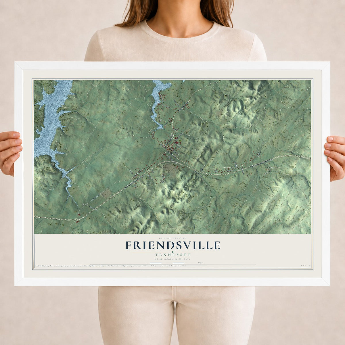 Map of Friendsville, Tennessee, 18 x 24 inch print in a white wood frame
