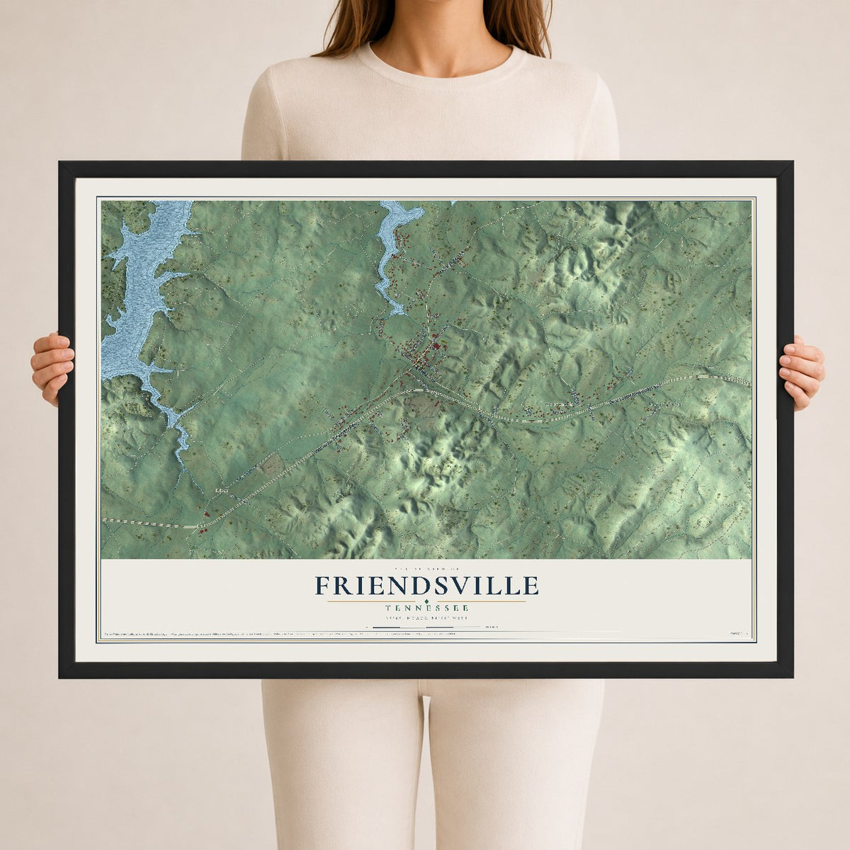 Map of Friendsville, Tennessee, 24 x 36 inch print in a black wood frame