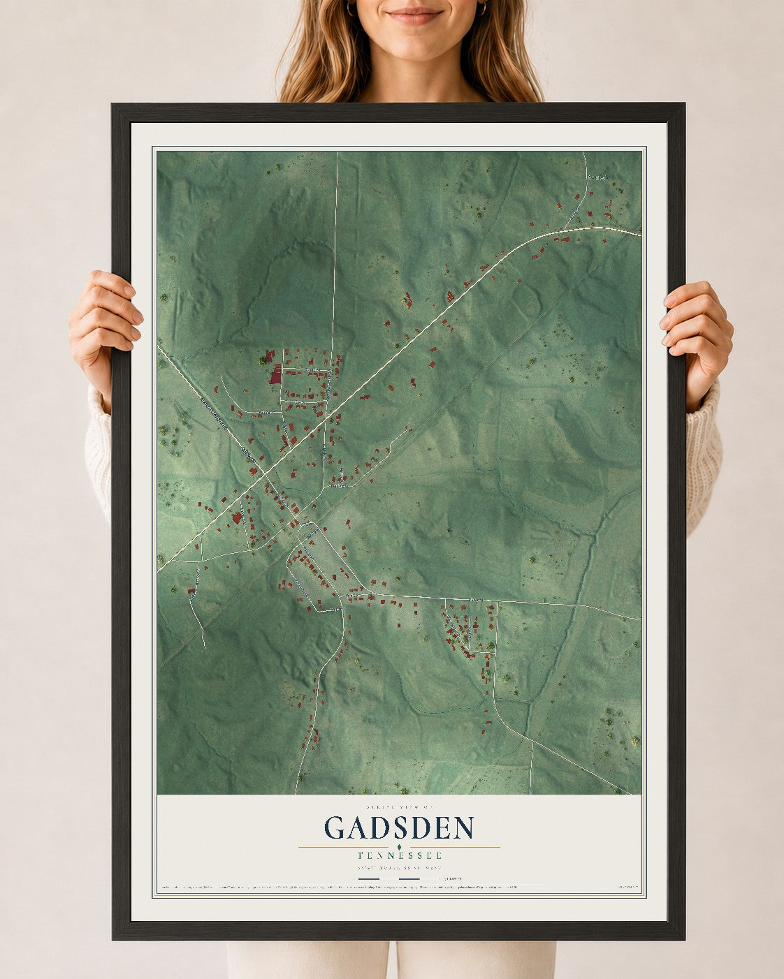 Map of Gadsden, Tennessee, 24 x 36 inch print in a black wood frame