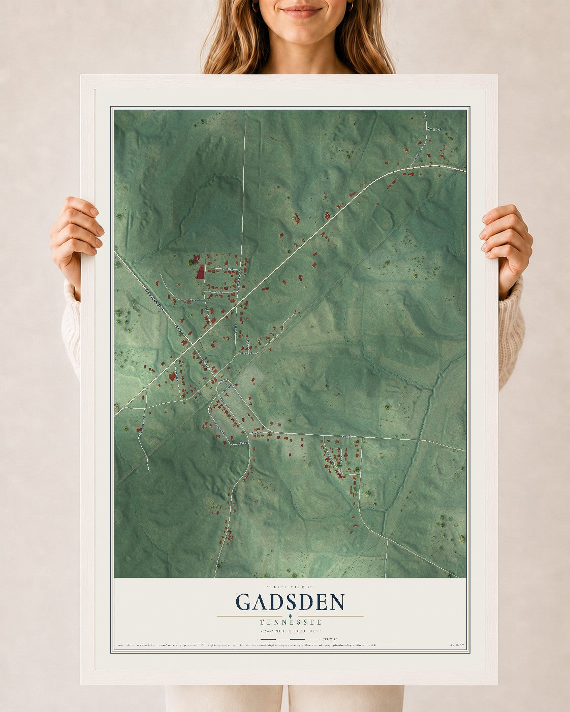 Map of Gadsden, Tennessee, 24 x 36 inch print in a white wood frame