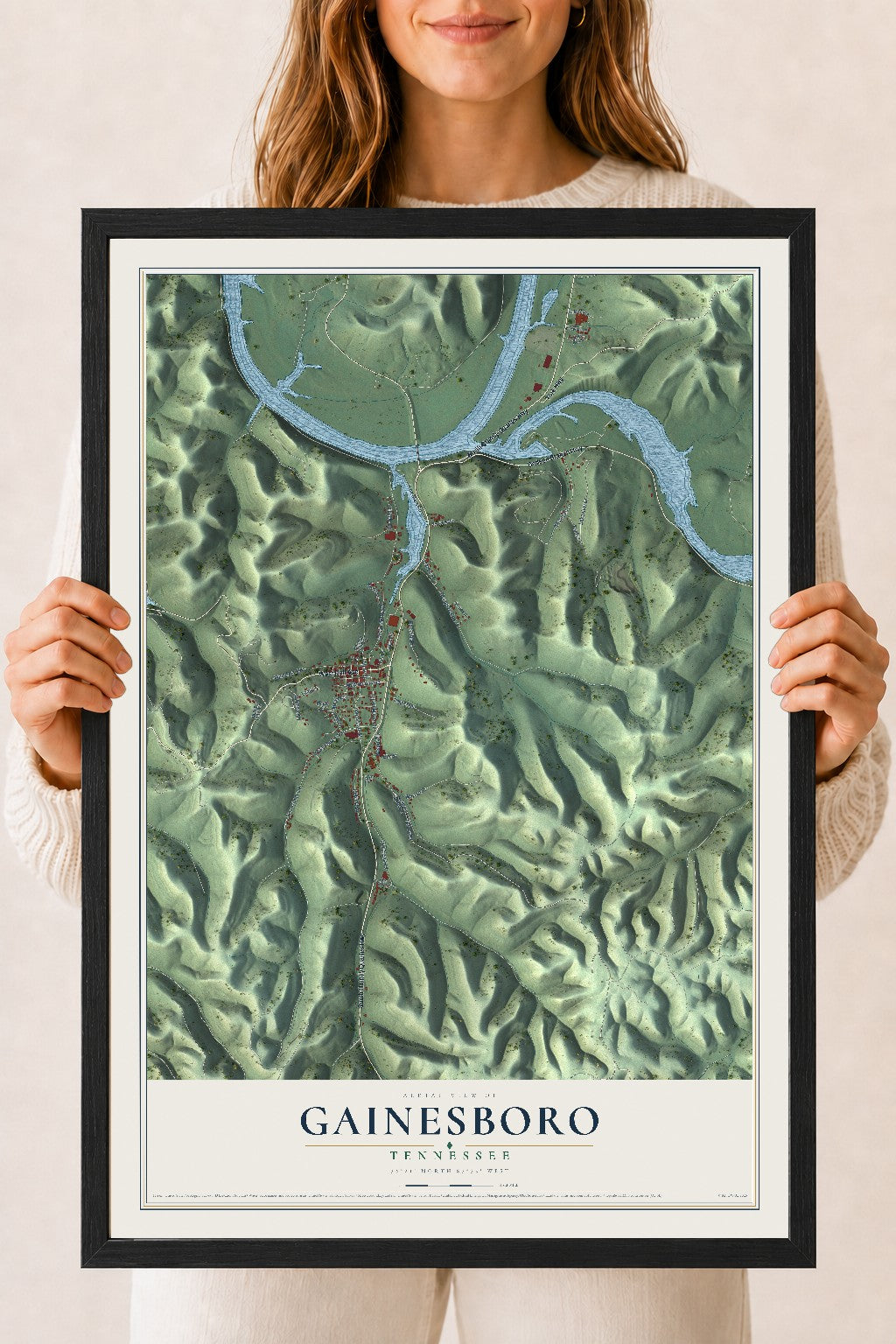 Map of Gainesboro, Tennessee, 18 x 24 inch print in a black wood frame