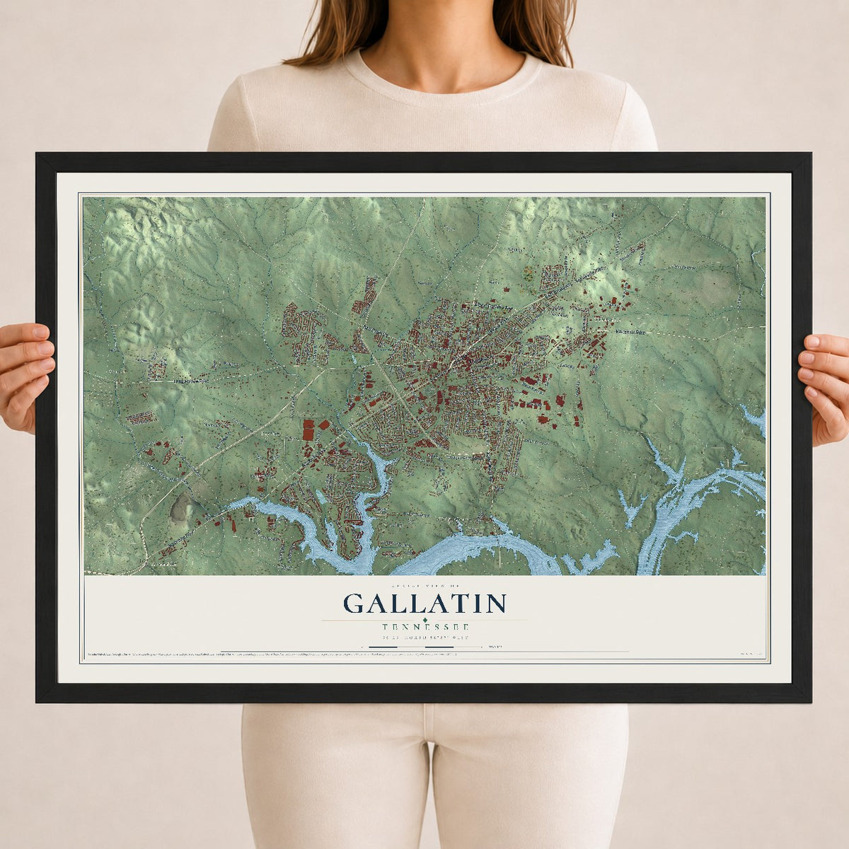 Map of Gallatin, Tennessee, 18 x 24 inch print in a black wood frame