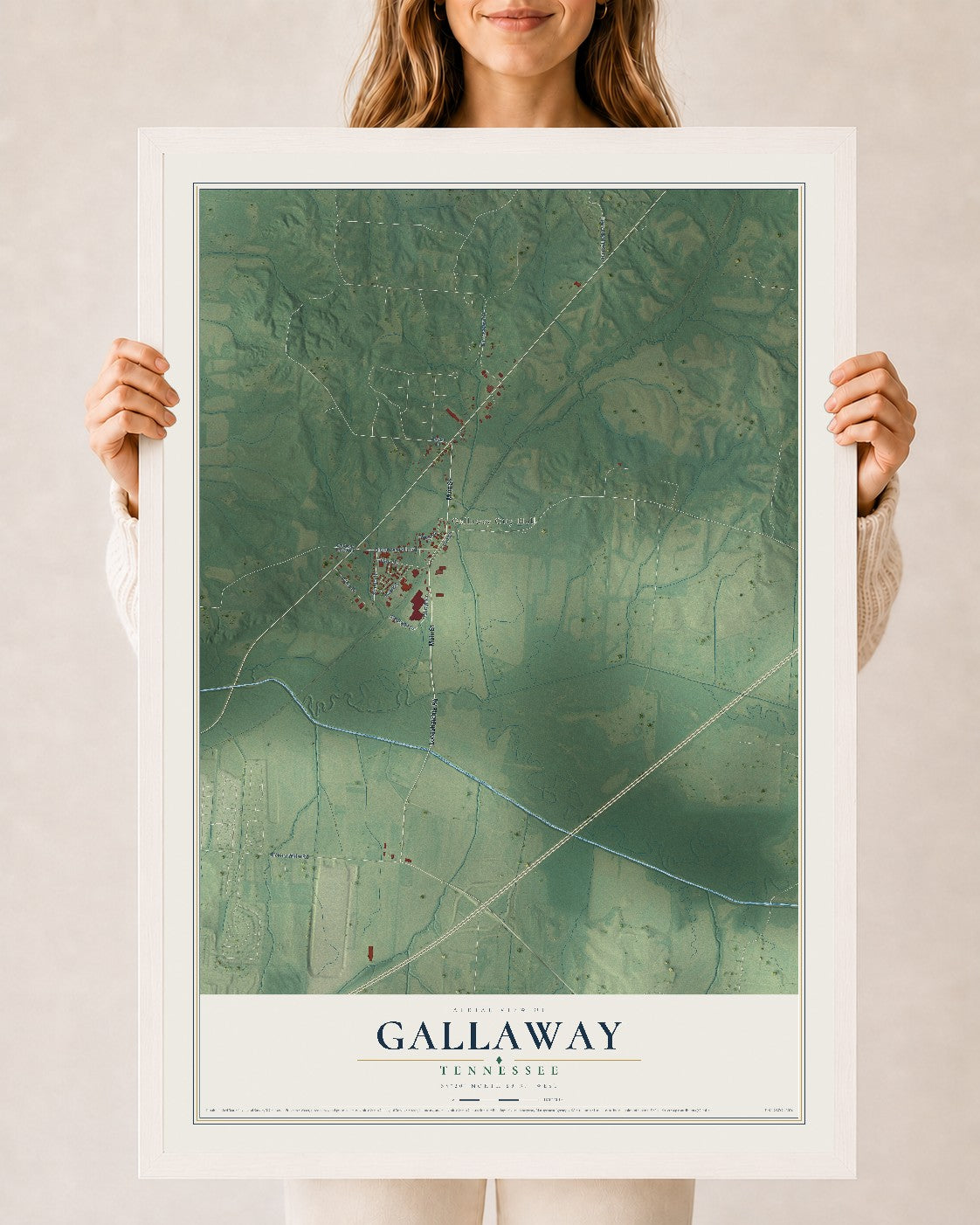 Map of Gallaway, Tennessee, 24 x 36 inch print in a white wood frame