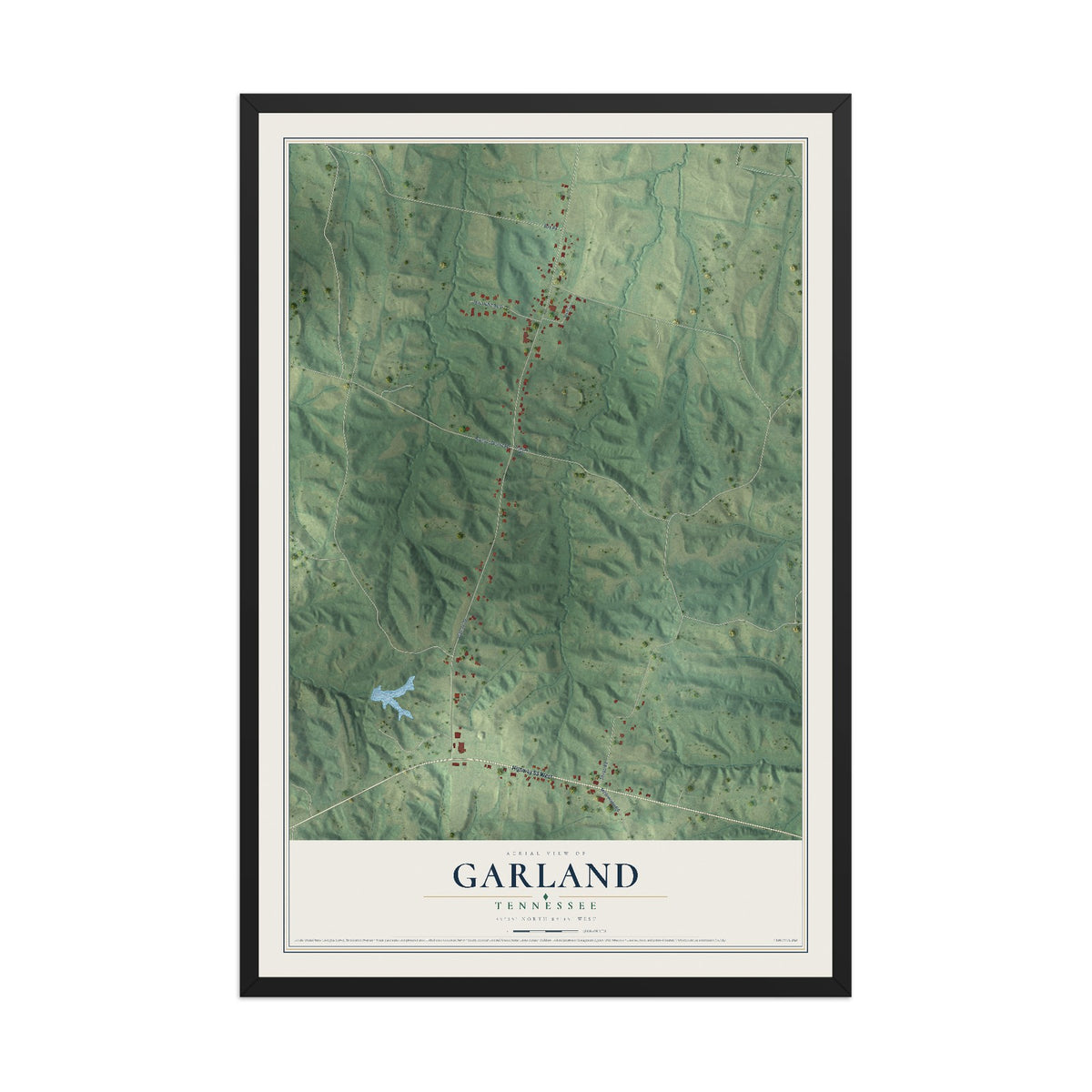 Map of Garland, Tennessee, 12 x 18 inch print in a black wood frame