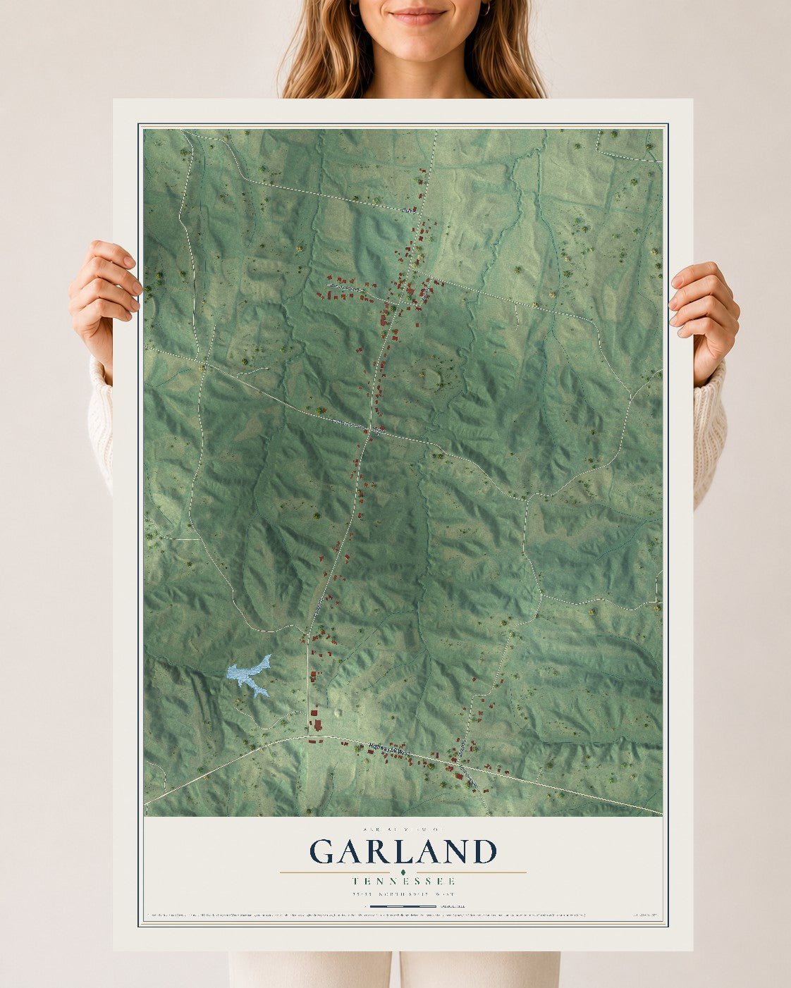 Map of Garland, Tennessee, 24 x 36 inch unframed archival matte print