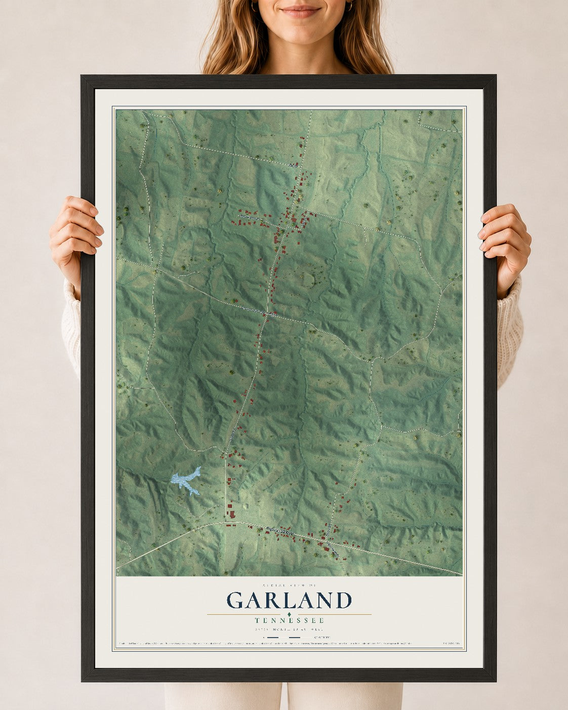 Map of Garland, Tennessee, 24 x 36 inch print in a black wood frame