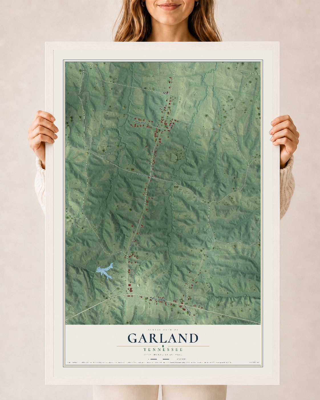 Map of Garland, Tennessee, 24 x 36 inch print in a white wood frame