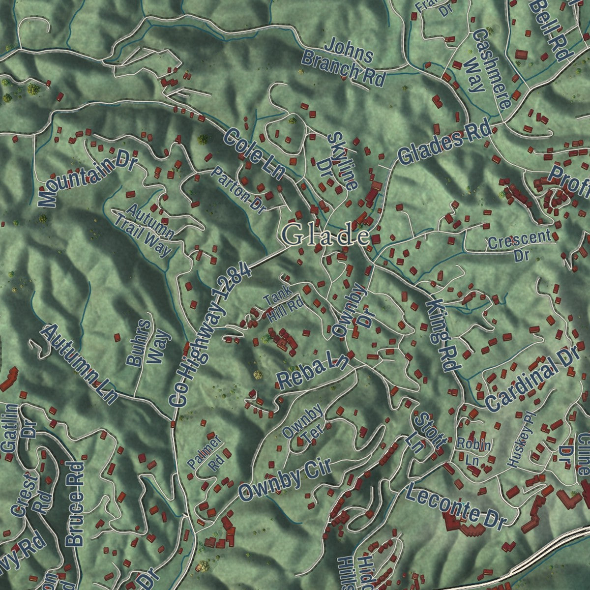 Close-up of the map of Gatlinburg, Tennessee print showing street and building detail