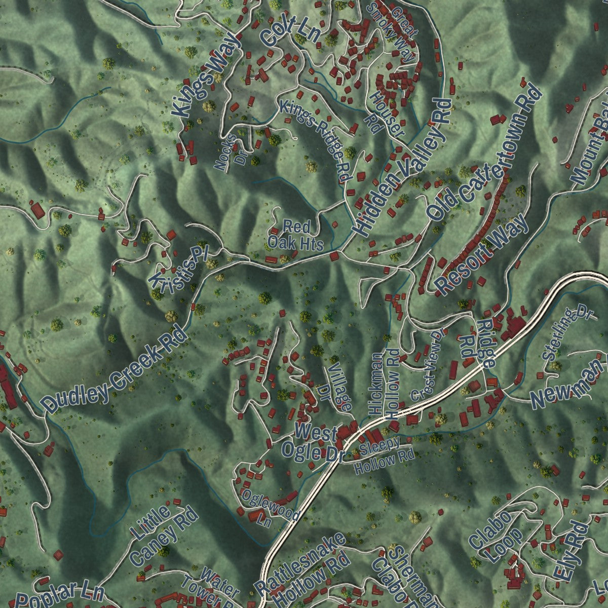 Second close-up of the map of Gatlinburg, Tennessee print showing more streets and buildings