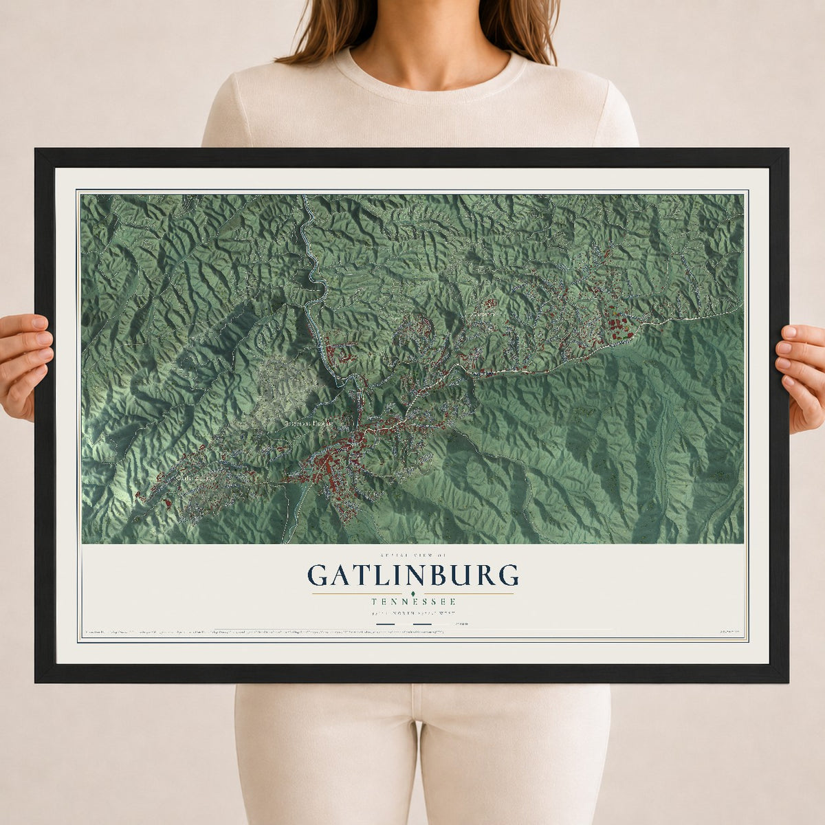 Map of Gatlinburg, Tennessee, 18 x 24 inch print in a black wood frame