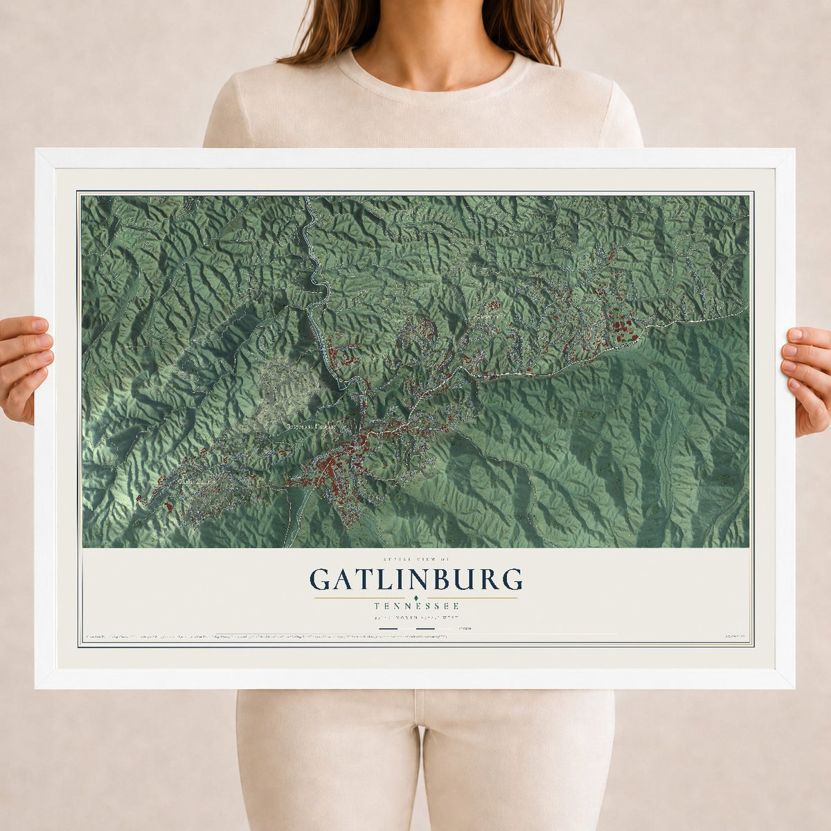 Map of Gatlinburg, Tennessee, 18 x 24 inch print in a white wood frame