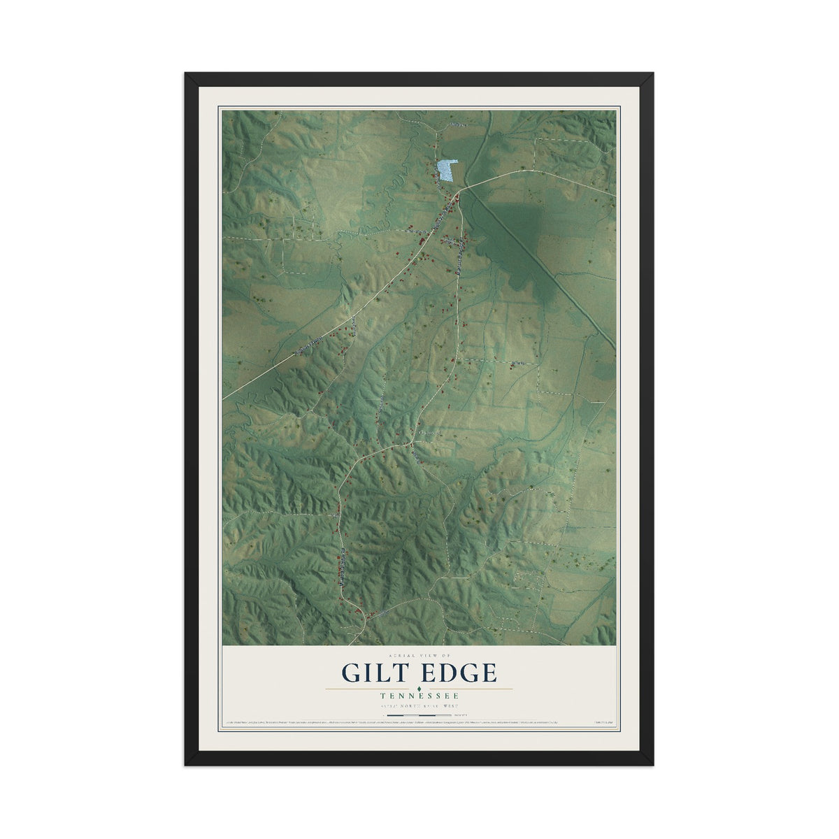 Map of Gilt Edge, Tennessee, 12 x 18 inch print in a black wood frame