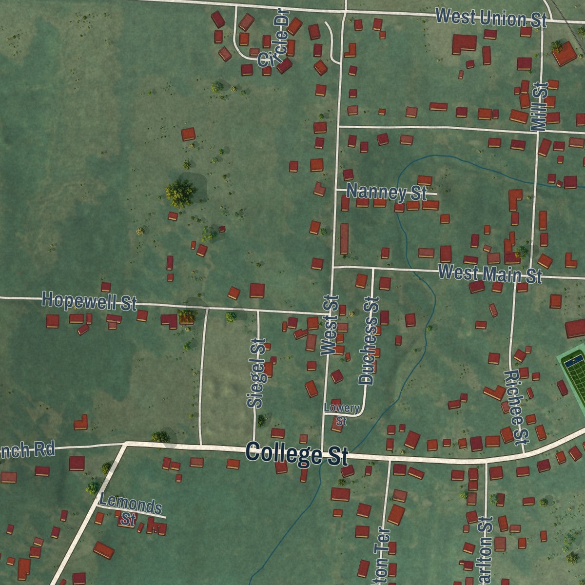 Close-up of the map of Gleason, Tennessee print showing street and building detail
