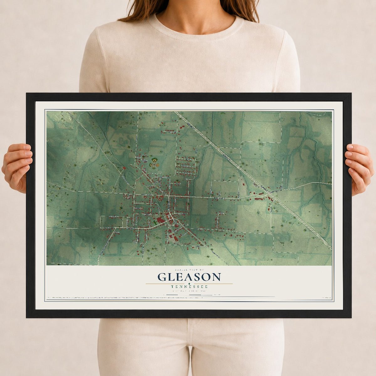 Map of Gleason, Tennessee, 12 x 18 inch print in a black wood frame