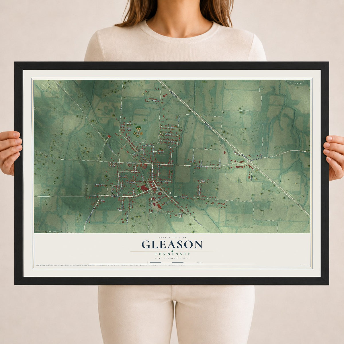 Map of Gleason, Tennessee, 18 x 24 inch print in a black wood frame