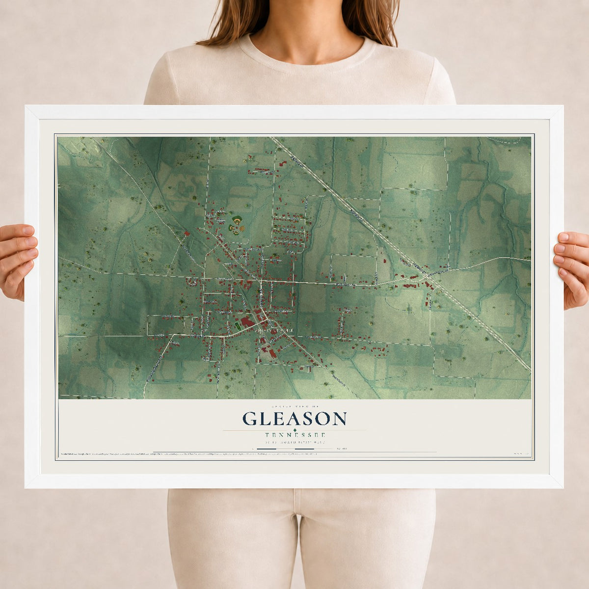 Map of Gleason, Tennessee, 18 x 24 inch print in a white wood frame