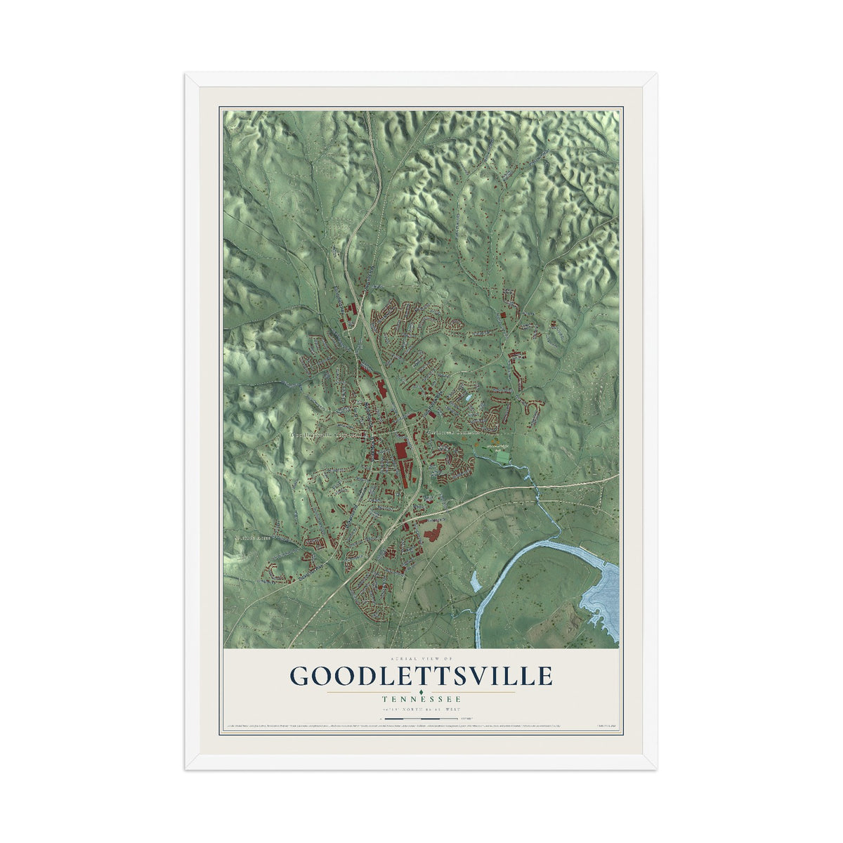 Map of Goodlettsville, Tennessee, 12 x 18 inch print in a white wood frame