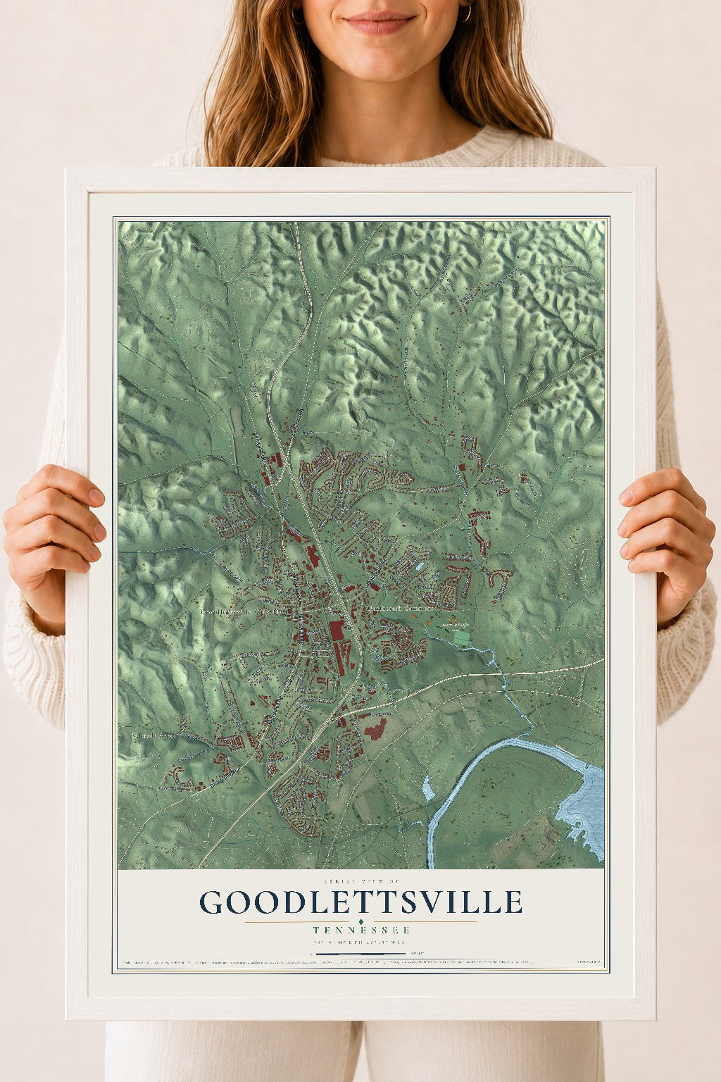 Map of Goodlettsville, Tennessee, 18 x 24 inch print in a white wood frame