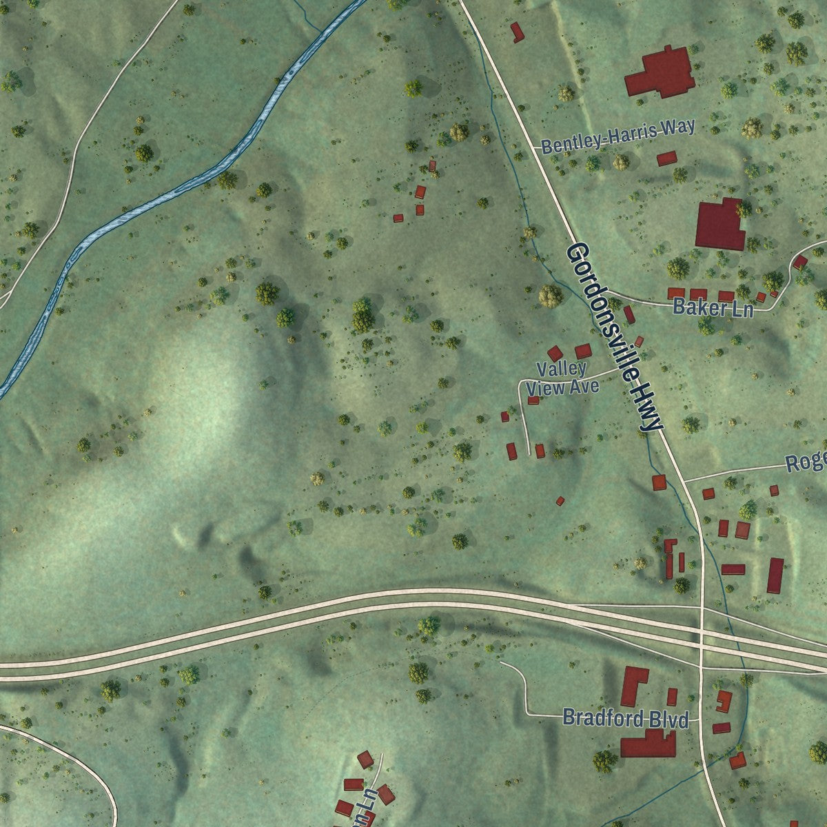 Second close-up of the map of Gordonsville, Tennessee print showing more streets and buildings