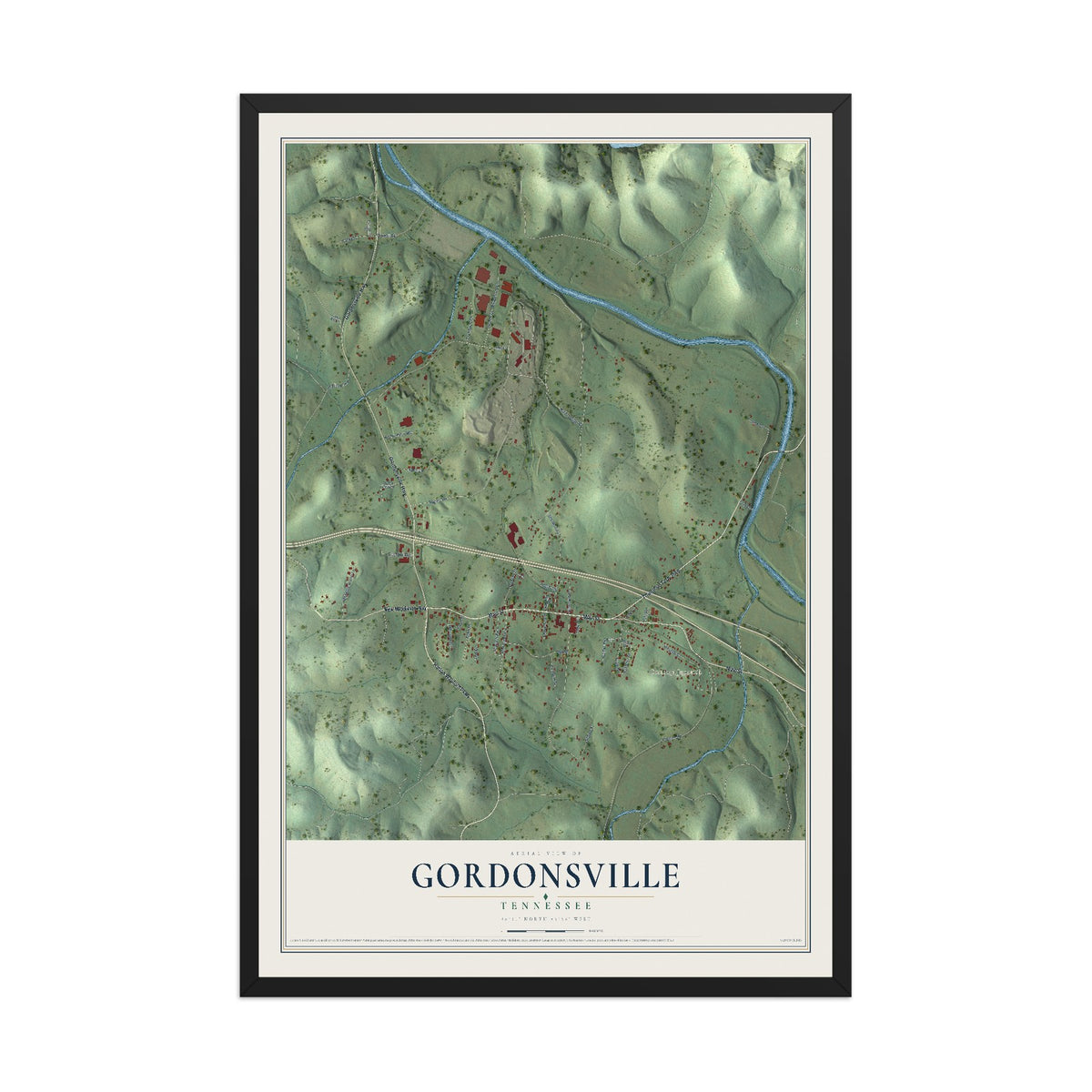 Map of Gordonsville, Tennessee, 12 x 18 inch print in a black wood frame