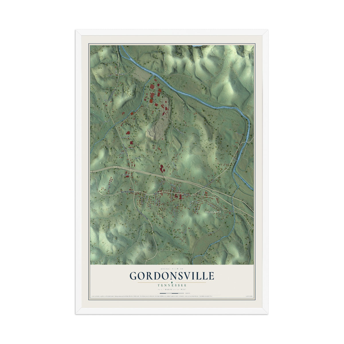 Map of Gordonsville, Tennessee, 12 x 18 inch print in a white wood frame