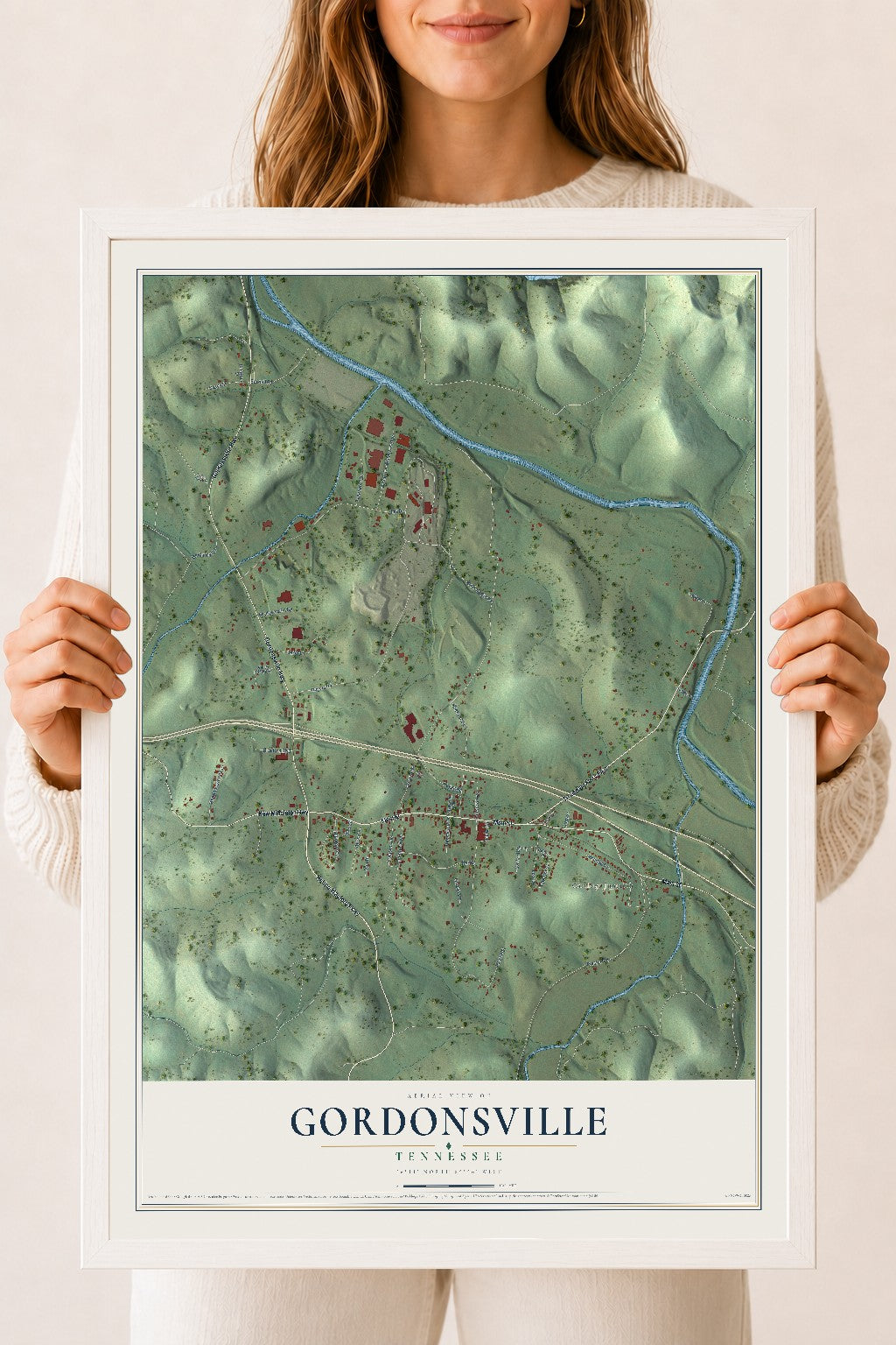 Map of Gordonsville, Tennessee, 18 x 24 inch print in a white wood frame