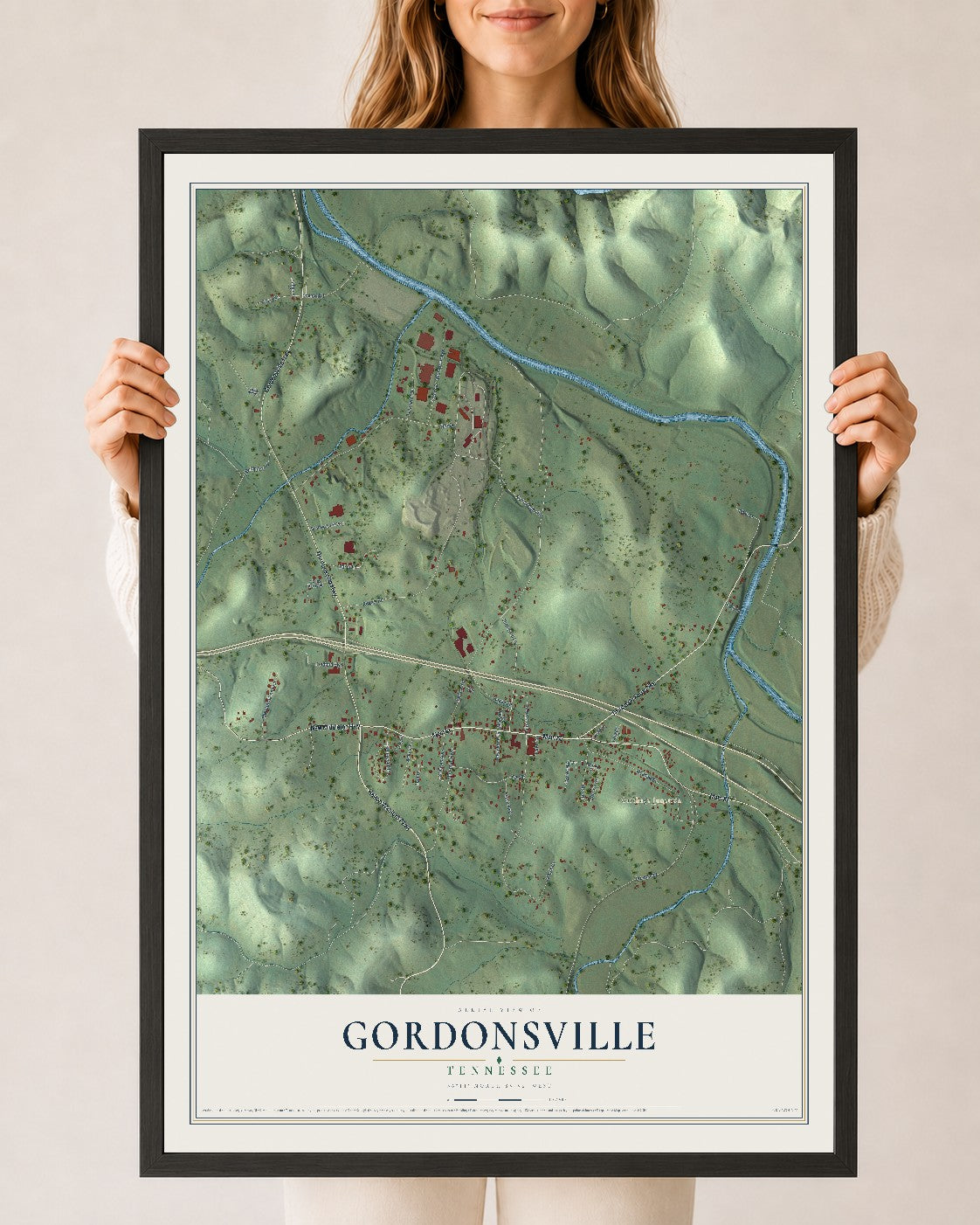 Map of Gordonsville, Tennessee, 24 x 36 inch print in a black wood frame