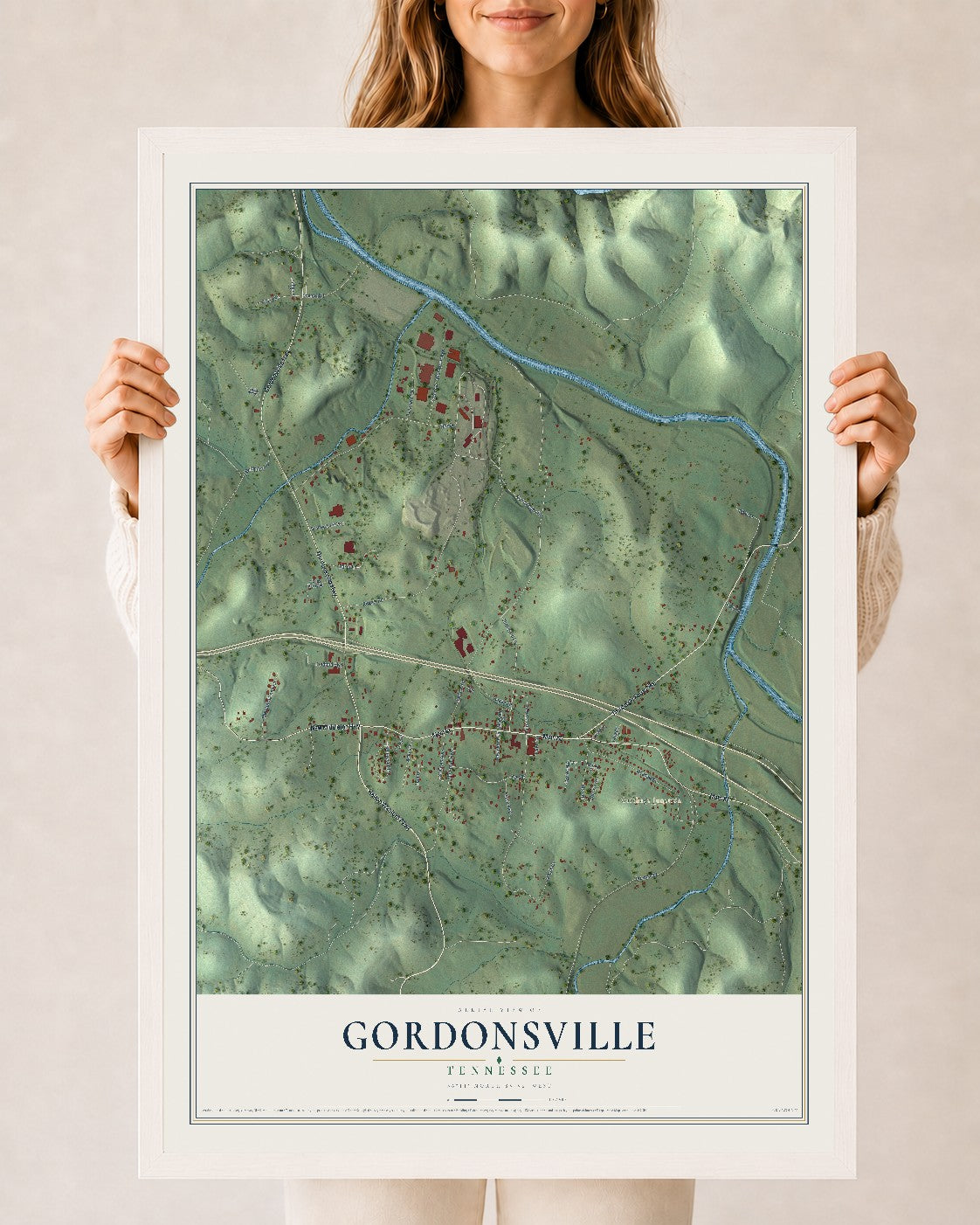 Map of Gordonsville, Tennessee, 24 x 36 inch print in a white wood frame