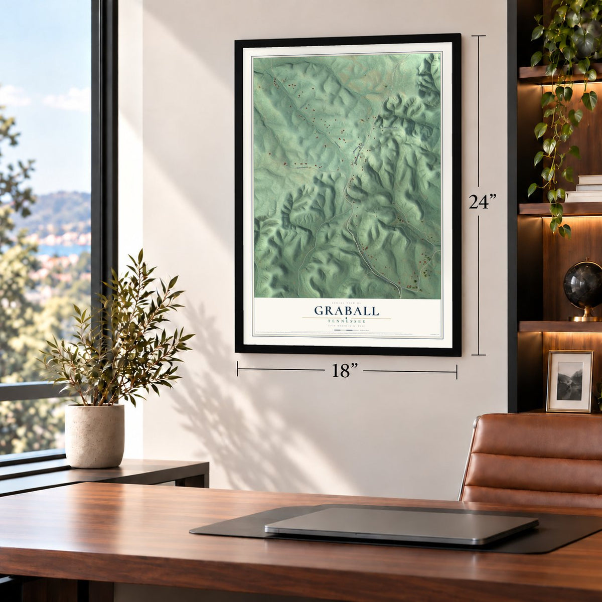 Graball, Tennessee map, 18 x 24 inch print in a black frame in a home office