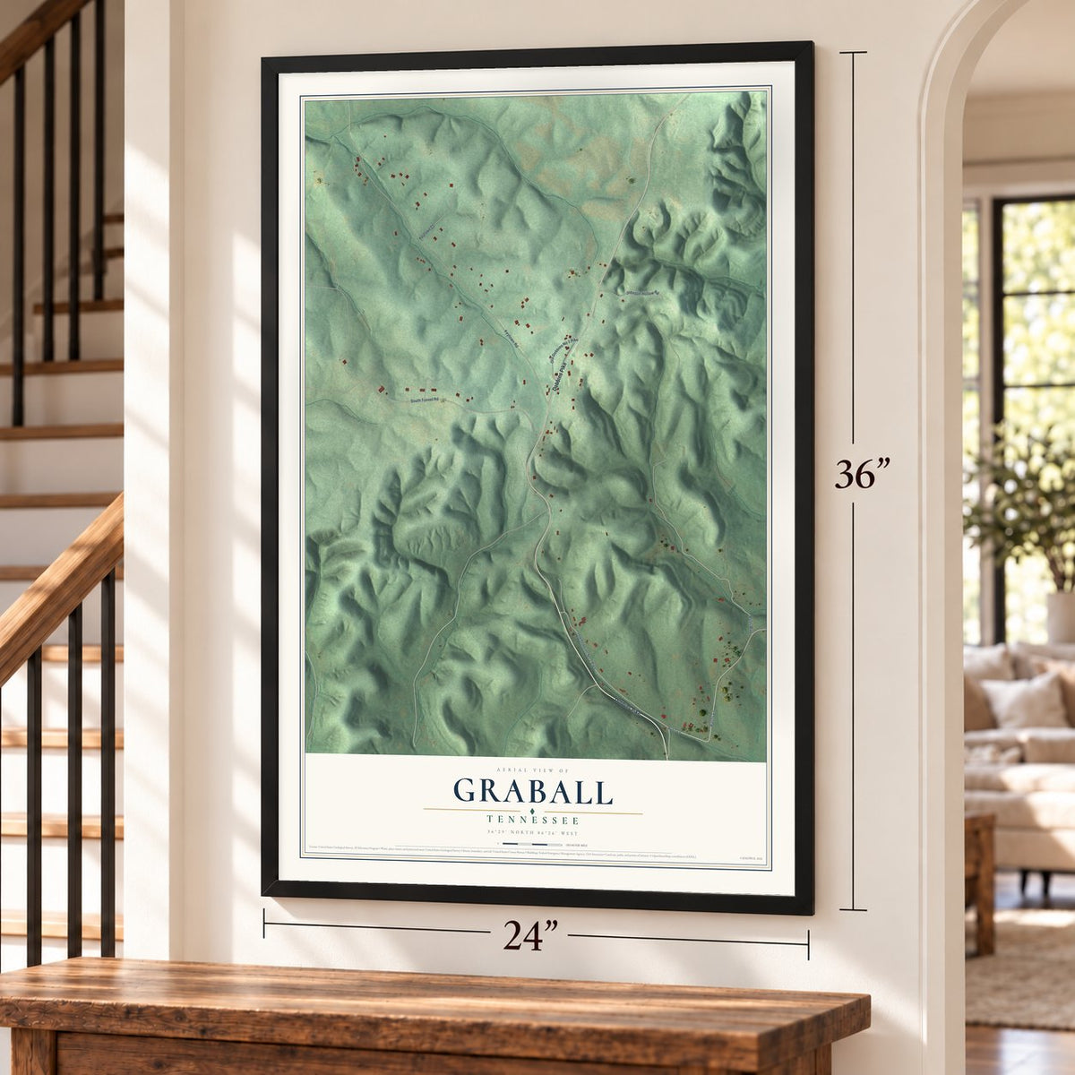 Graball, Tennessee map, 24 x 36 inch print in a black frame by a staircase