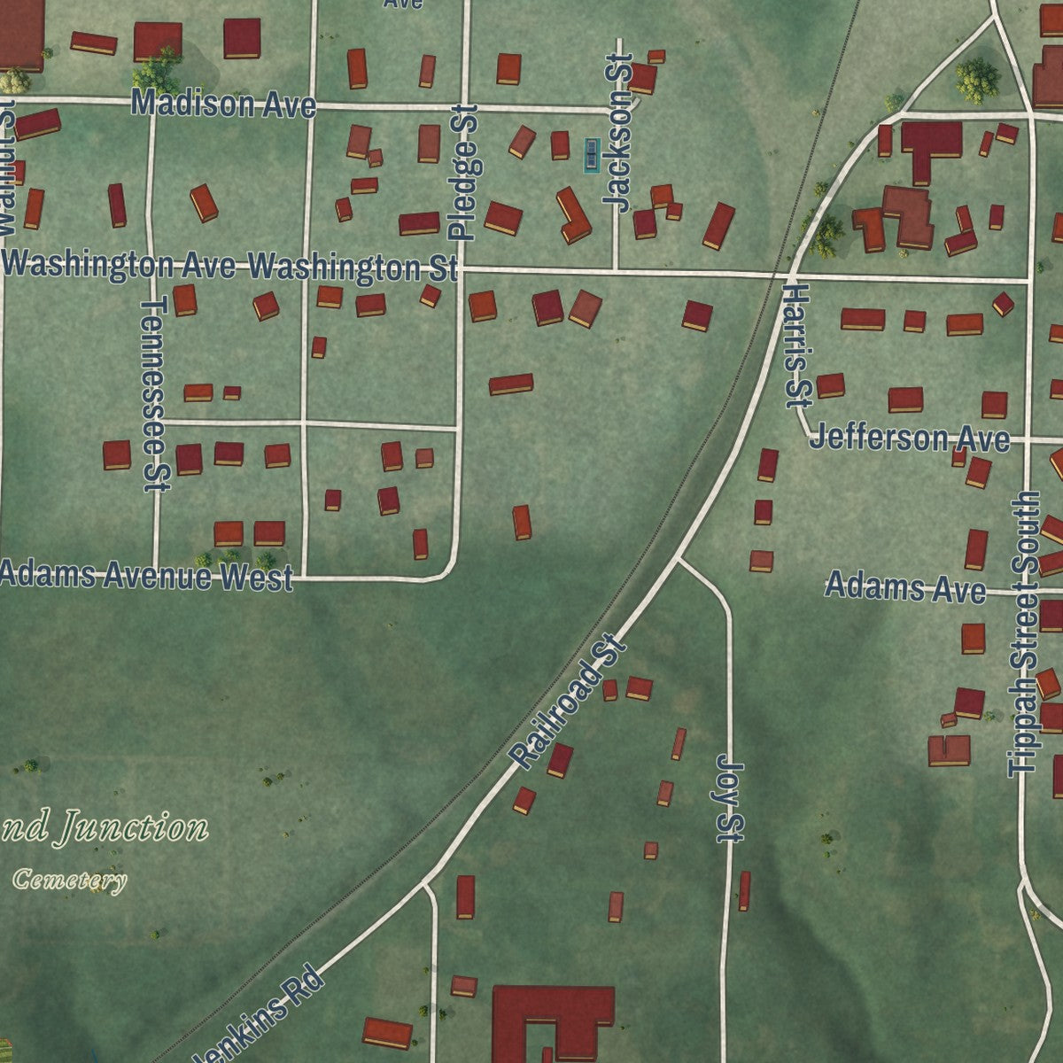 Close-up of the map of Grand Junction, Tennessee print showing street and building detail